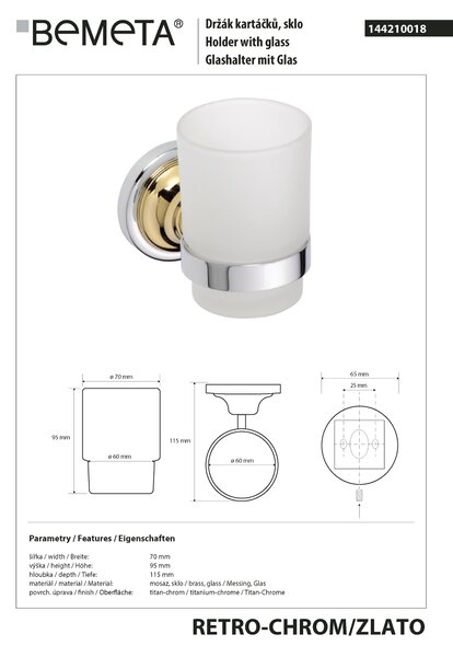 Bemeta Design RETRO gold-chrom: Držák kartáčků, sklo - 144210018