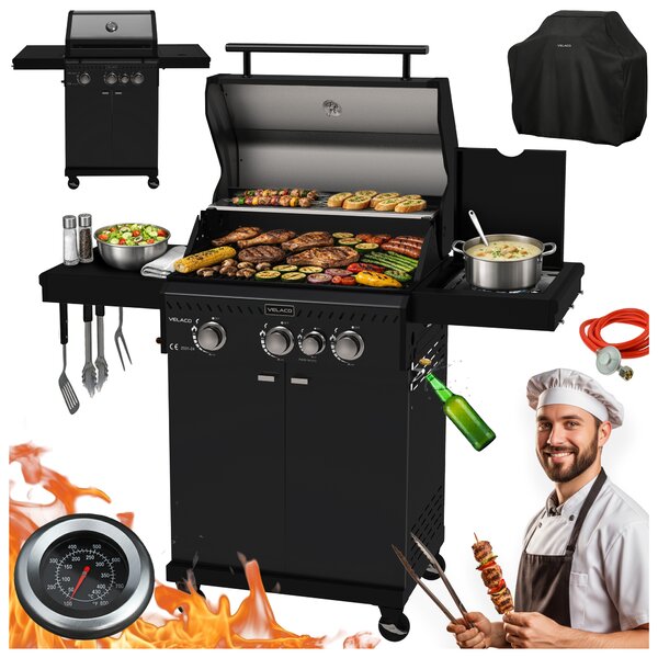 BPS-koupelny Plynový BBQ gril s boční plotýnkou a poličkou - ZEUS-B, 3+1 hořáků