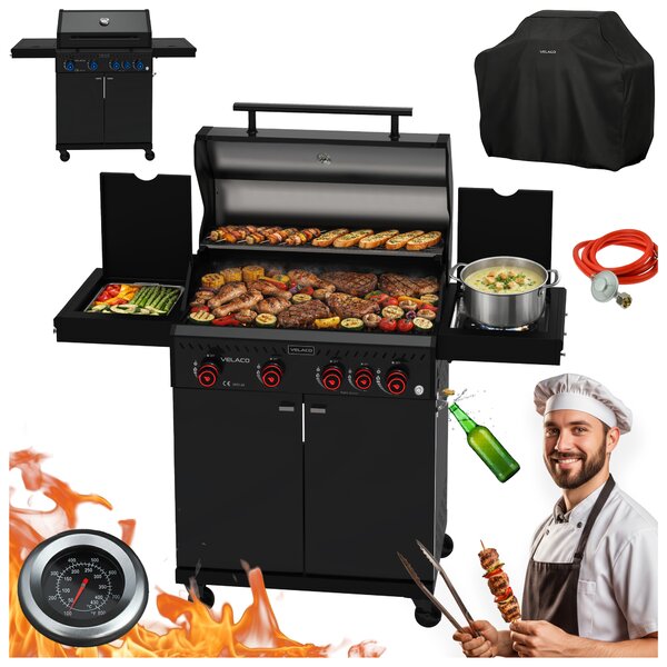 BPS-koupelny Plynový BBQ gril s boční plotýnkou a poličkou - ZEUS-C, 4+1 hořák
