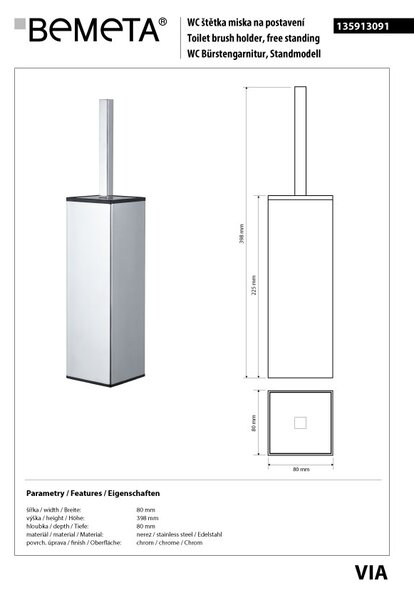 Bemeta Design VIA: WC štětka, na postavení/pověšení, nerez - 135913091