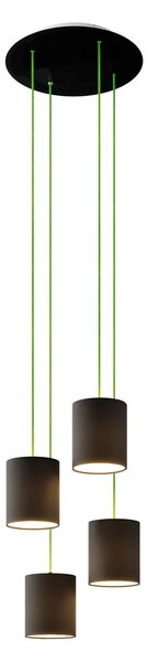 Creative cables Závěsná lampa se 4 světly, s kulatým XXL baldachýnem Rose-one, textilním kabelem a válcovými plátěnými stínidly Barva: Černá, Montáž: Sestavený