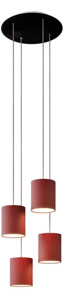 Creative cables Závěsná lampa se 4 světly, s kulatým XXL baldachýnem Rose-one, textilním kabelem a válcovými plátěnými stínidly Barva: Bordo, Montáž: Sestavený