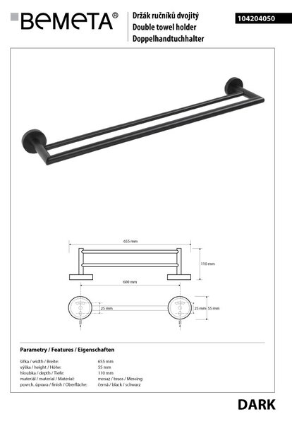 Bemeta Design DARK: Držák ručníků, 600 mm, dvojitý - 104204050