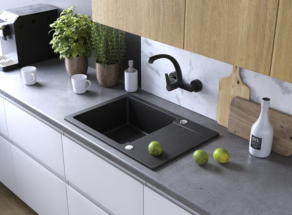 Kuchinox Vilava, nástěnná dřezová baterie s výlevkou ve tvaru F, černá matná, LAV-BKW_787D