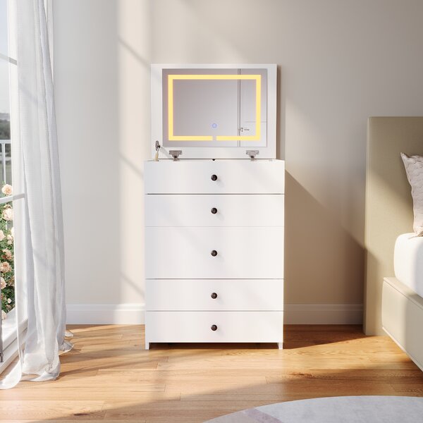 SONNI toaletní stolek 3 v 1 s křeslem, kosmetickým zrcadlem, se 4 zásuvkami, bílý Toaletní stolek s LED osvětlením 83 x 45 x 60 cm