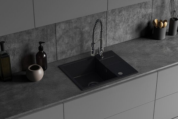 Kuchinox Laut, 1-komorový granitový dřez 560x440x174 mm + sifon, černá skvrnitá, LAV-SBZ_713Y