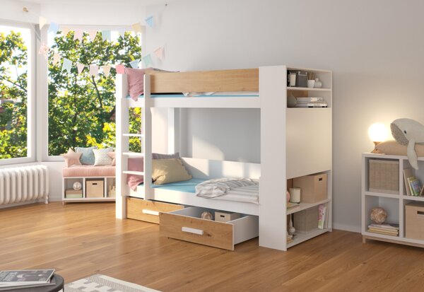 Dětská patrová postel GARNETA + 2x matrace, 90x200, bílá/dub artisan