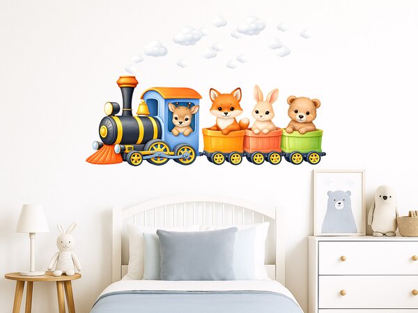 Barevný vláček se zvířátky textilní přelepitelné samolepky na zeď arch 46 x 17 cm