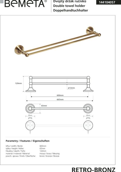 Bemeta Design RETRO bronz: Držák ručníků, 600 mm, dvojitý - 144104057