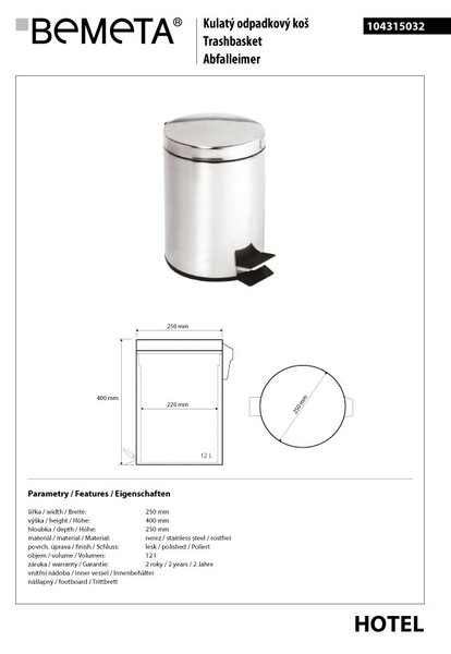 Bemeta Design Odpadkový koš, 12 l, nerez, lesk - 104315032