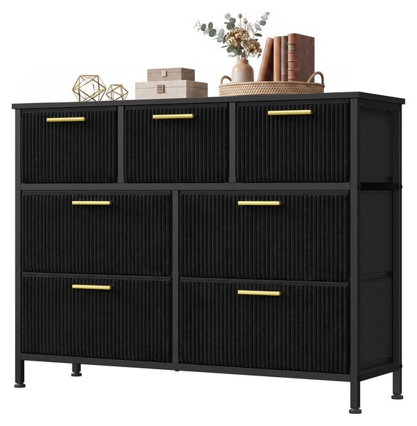 SONGMICS Komoda se 7 zásuvkami, skříň do obývacího pokoje s potahovou látkou, rozměry 98,7 x 30 x 74,7 cm, barva: černá