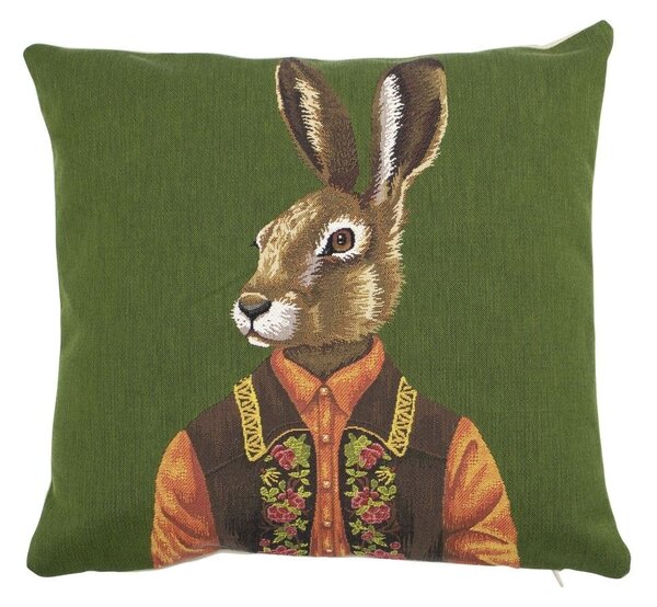Zelený gobelínový polštář se zajícem ve vestě - 45*15*45cm - Mars & More