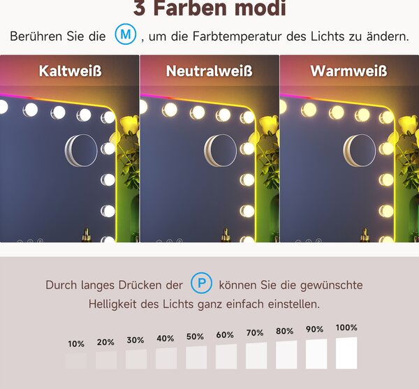 Zrcadlo na líčení SONNI 58x45cm, zrcadlo na líčení se 3 barvami světla, nastavitelný jas, s 15LED a RGB, 10x zvětšení, nástěnné zrcadlo, bílé