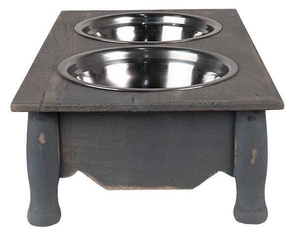Misky pro zvířata v šedém antik dřevěném stojanu - 41*22*12 cm / 2*500 ml - Clayre & Eef