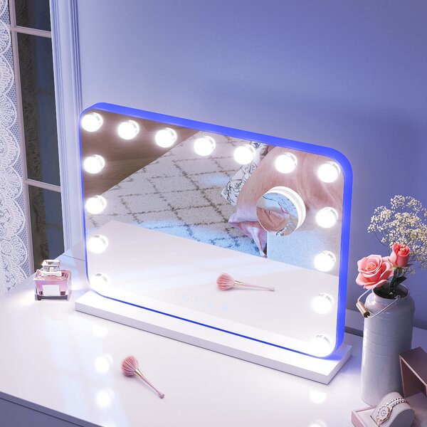 Kosmetické zrcadlo SONNI 58x45cm, kosmetické zrcadlo se 3 barvami světla, nastavitelný jas, s RGB a bluetooth, 10x zvětšení, nástěnné zrcadlo, bílé