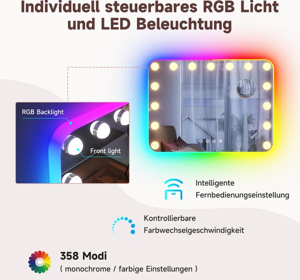 Kosmetické zrcadlo SONNI 58x45cm, kosmetické zrcadlo se 3 barvami světla, nastavitelný jas, s RGB a bluetooth, 10x zvětšení, nástěnné zrcadlo, bílé