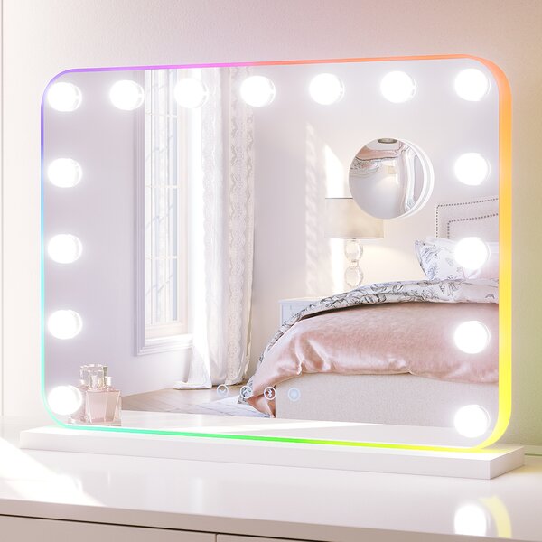 Kosmetické zrcadlo SONNI 58x45cm, kosmetické zrcadlo se 3 barvami světla, nastavitelný jas, s RGB a bluetooth, 10x zvětšení, nástěnné zrcadlo, bílé