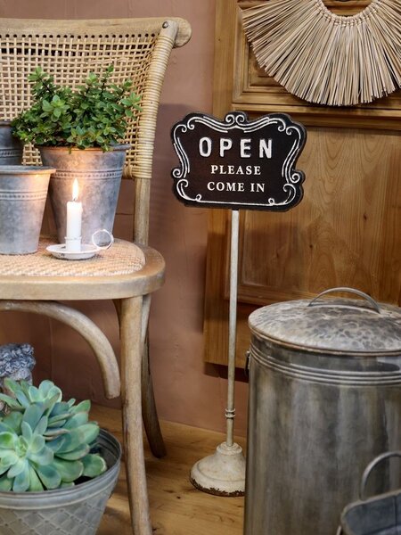 Černo-béžová antik litinová cedule Open/ Closed na noze – 25*15*70 cm - Chic Antique