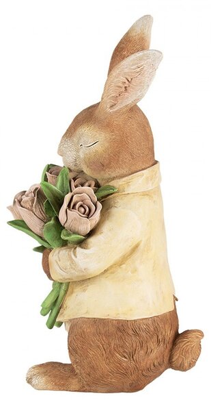 Dekorace hnědý králík s kyticí tulipánů - 19*23*39 cm - Clayre & Eef