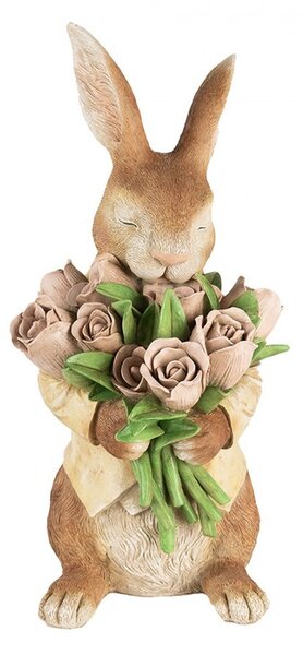 Dekorace hnědý králík s kyticí tulipánů - 19*23*39 cm - Clayre & Eef