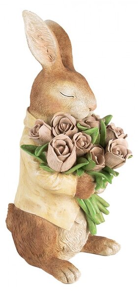 Dekorace hnědý králík s kyticí tulipánů - 19*23*39 cm - Clayre & Eef