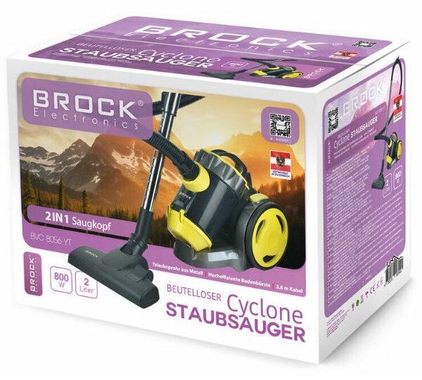 Bezsáčkový cyklónový vysavač Brock, 800W, 2l sběrná nádoba, 78 dB, akční rádius 6m, žlutý