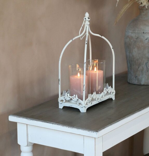 Krémová antik kovová lucerna na 2 svíčky Fleur - 25*12*38 cm - Chic Antique