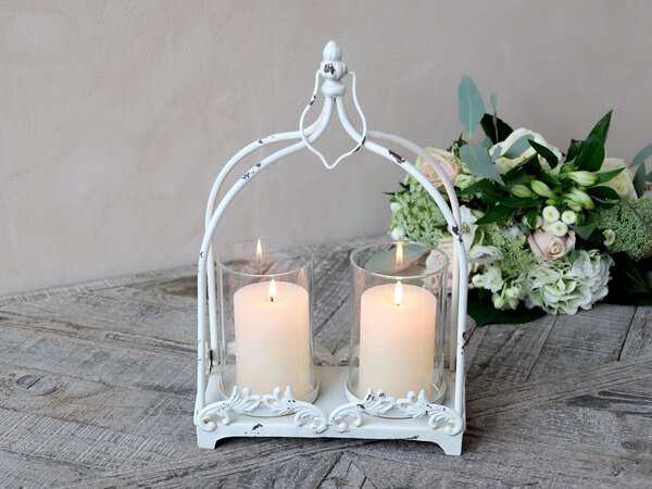 Krémová antik kovová lucerna na 2 svíčky Fleur - 25*12*38 cm - Chic Antique