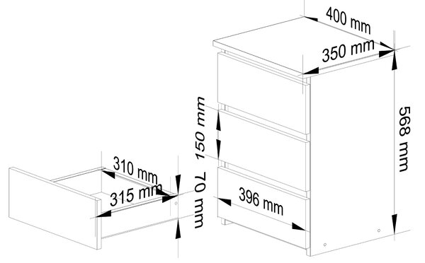 Komoda 3xEliving, příborník se 3 zásuvkami (š:40 cm x v:57 cm x h:35 cm) v grafitově šedé a bílé barvě