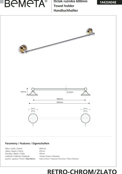 Bemeta Design RETRO gold-chrom: Držák ručníků, 600 mm - 144204048