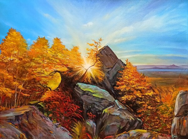 Ručně malovaný obraz od Maksym Ruban - ""Úsvit v horách"", rozměr: 70 x 50 cm