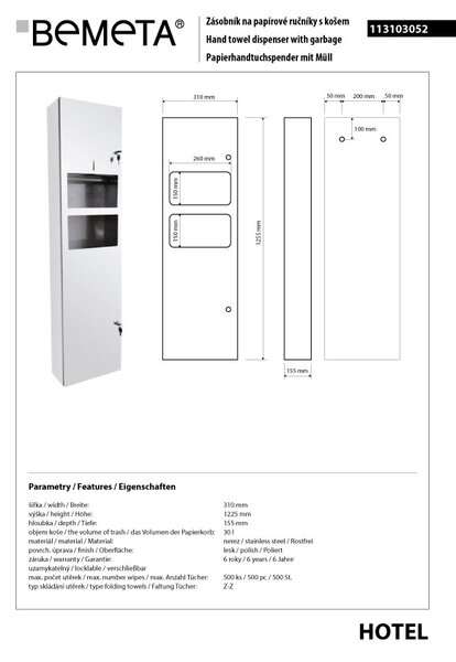 Bemeta Design Zásobník papírových ručníků, s odpadkovým košem, nerez, lesk - 113103052