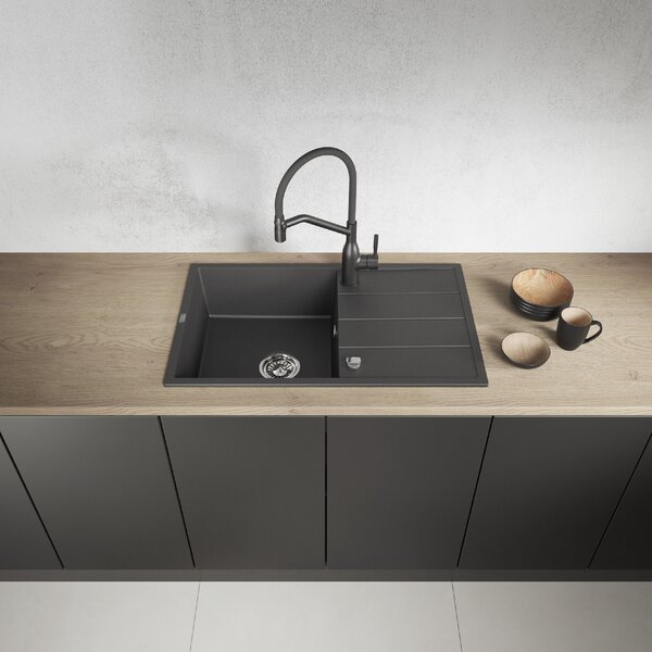 Laveo Wolin, 1-komorový granitový dřez 780x480x185 mm, černá skvrnitá, LAV-SPW_711T