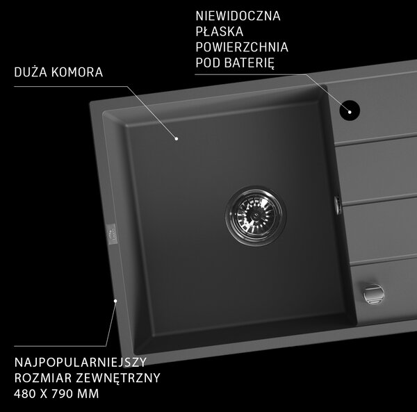 Laveo Wolin, 1-komorový granitový dřez 780x480x185 mm, černá skvrnitá, LAV-SPW_711T