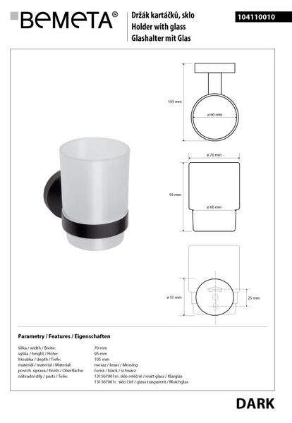 Bemeta Design DARK: Držák kartáčků, sklo - 104110010