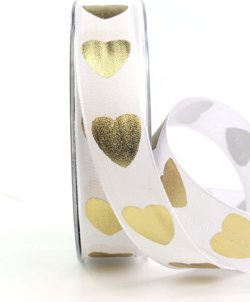 Taftová stuha GOLDEN HEARTS II – bílá 25mm x 2m