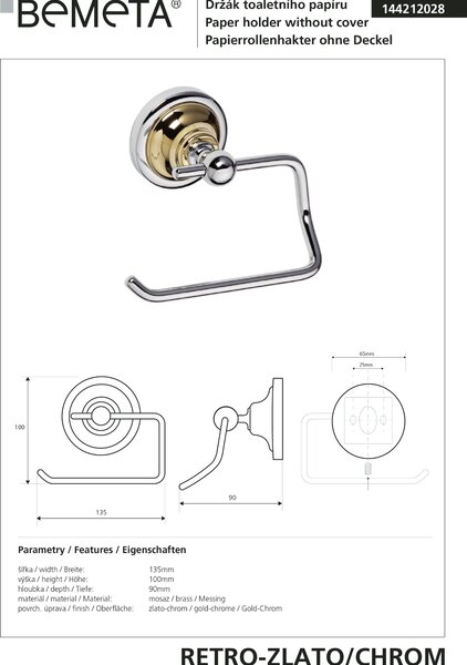 Bemeta Design RETRO gold-chrom: Držák toaletního papíru, bez krytu - 144212028