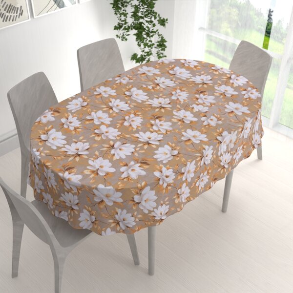 Biante Bavlněný oválný ubrus Sandra SA-717 Bílé květy magnolie na hnědošedém 50x100 cm