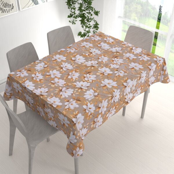 Biante Bavlněný obdélníkový ubrus Sandra SA-717 Bílé květy magnolie na hnědošedém 50x100 cm