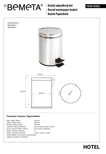 Bemeta Design Odpadkový koš, 5 l, nerez, mat - 104315052