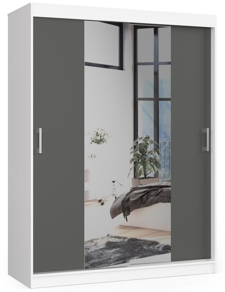 Šatní skřín s posuvnými dveřmi a zrcadlem 150cm bílá / šedá