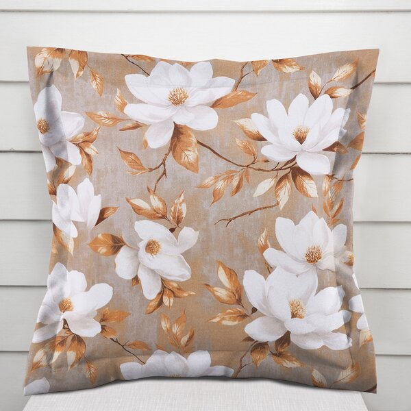 Biante Bavlněný povlak na polštář s lemem Sandra SA-717 Bílé květy magnolie na hnědošedém 30 x 50 cm