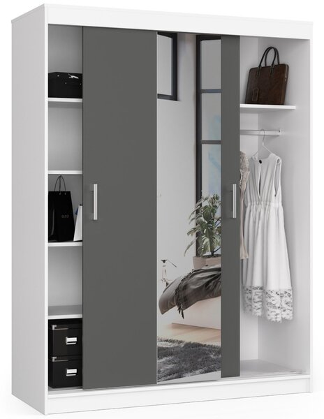 Šatní skřín s posuvnými dveřmi a zrcadlem 150cm bílá / šedá