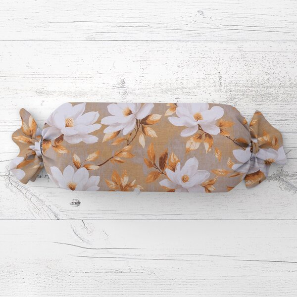 Biante Polštář válec bonbon Sandra SA-717 Bílé květy magnolie na hnědošedém 15x40 cm