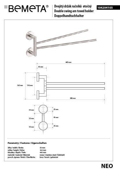 Bemeta Design NEO: Držák ručníků, 445 mm, dvojitý, otočný - 104204105