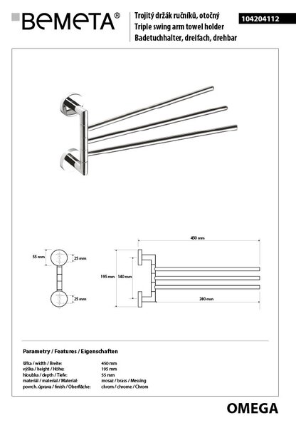 Bemeta Design OMEGA: Držák ručníků, trojitý, otočný 450 mm - 104204112