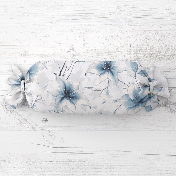 Biante Polštář válec bonbon Sandra SA-737 Modro-šedé květy vanilky na bílém 15x40 cm