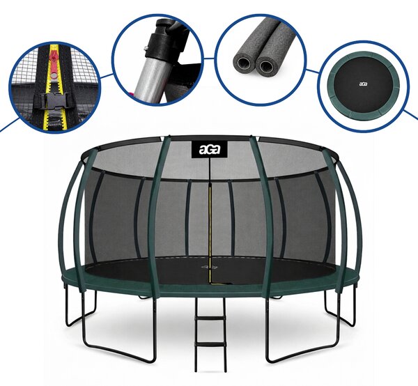 Aga Trampolína 500 cm Tmavě zelená + ochranná síť + žebřík