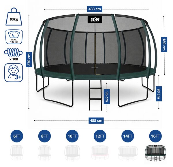 Aga Trampolína 500 cm Tmavě zelená + ochranná síť + žebřík