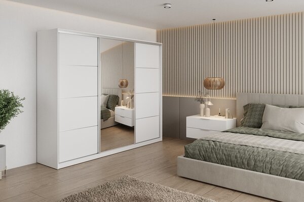 Česká šatní skříň NEJBY BARNABA 250 cm s posuvnými dveřmi, zrcadlem, 4 šuplíky a 2 šatními tyčemi, bílá